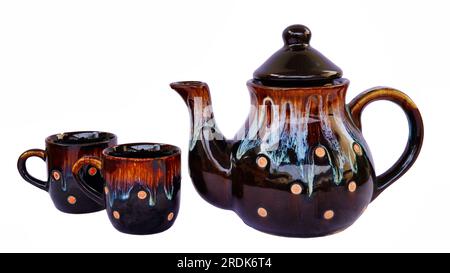 Antique Black kettle isolated over white, ceramic kettle, vintage teapot, ceramic Black teapot Stock Photo
