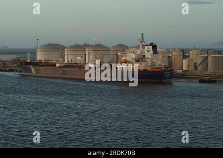 Oil products, chemical tanker moored in port of Cape Town in oil storage and distribution terminal, Burgan Cape. Stock Photo