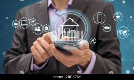 View of a Home button of a technology interface surrounded by application - technology app concept Stock Photo