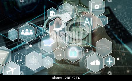 Artificial Intelligence AI, Internet of Things IoT. Business man using laptop computer on technology background, big data, deep learning, smart phone Stock Photo