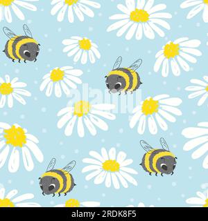 Seamless summer pattern with cute bee and flowers. Stock Vector