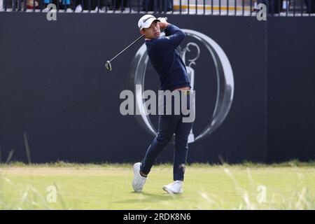 Wirral, England, on July 21, 2023. United States' Collin Morikawa hits his tee shot during the day 2 of the 2023 British Open Golf Championship at the Royal Liverpool Golf Club in Wirral, England, on July 21, 2023. Credit: Koji Aoki/AFLO SPORT/Alamy Live News Stock Photo