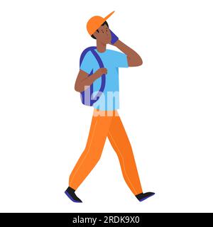 Walking boy talking on phone. Student male calling by smartphone vector illustration Stock Vector