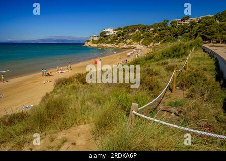Platja Llarga (long beach) in Salou, with the natural dunes of the coastline with Mediterranean vegetation, on the Costa Daurada coast Tarragona Spain Stock Photo