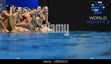 Fukuoka, Japan. 22nd July, 2023. Team China watch the gala exhibition of artistic swimming at the World Aquatics Championships in Fukuoka, Japan, July 22, 2023. Credit: Xia Yifang/Xinhua/Alamy Live News Stock Photo