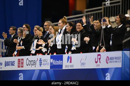 Fukuoka, Japan. 22nd July, 2023. Referees are seen during the gala exhibition of artistic swimming at the World Aquatics Championships in Fukuoka, Japan, July 22, 2023. Credit: Xia Yifang/Xinhua/Alamy Live News Stock Photo