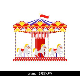Carousel horse. Merry go round. Vector. Vintage amusement park carrousel. Funfair ride flat icon, isolated on white background. Cartoon illustration. Stock Vector