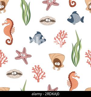 Cute sea animals seamless pattern. Children drawings, underwater life. Vector. Stock Vector