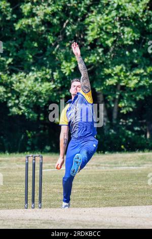 Clydach, Wales. 3 June 2023. Jack Todd of Clydach bowling during the South Wales Premier Cricket League Division Two match between Clydach and Chepstow at Waverley Park in Clydach, Wales, UK on 3 June 2023. Credit: Duncan Thomas/Majestic Media. Stock Photo