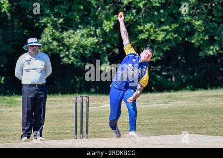 Clydach, Wales. 3 June 2023. Jack Todd of Clydach bowling during the South Wales Premier Cricket League Division Two match between Clydach and Chepstow at Waverley Park in Clydach, Wales, UK on 3 June 2023. Credit: Duncan Thomas/Majestic Media. Stock Photo