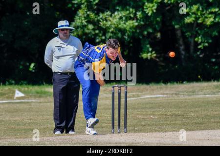 Clydach, Wales. 3 June 2023. Jack Todd of Clydach bowling during the South Wales Premier Cricket League Division Two match between Clydach and Chepstow at Waverley Park in Clydach, Wales, UK on 3 June 2023. Credit: Duncan Thomas/Majestic Media. Stock Photo