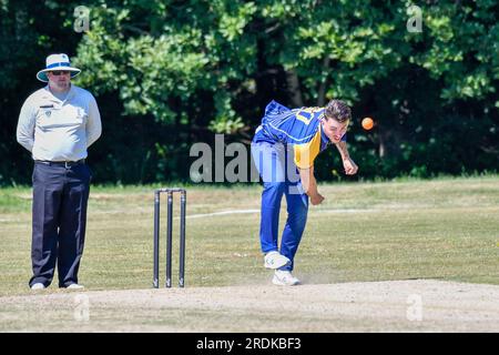 Clydach, Wales. 3 June 2023. Jack Todd of Clydach bowling during the South Wales Premier Cricket League Division Two match between Clydach and Chepstow at Waverley Park in Clydach, Wales, UK on 3 June 2023. Credit: Duncan Thomas/Majestic Media. Stock Photo