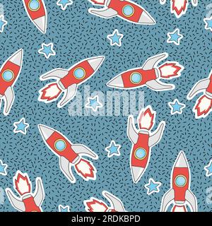 Seamless childish space pattern. Vector background with rockets and stars. Stock Vector