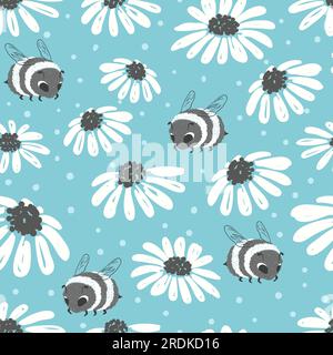 Seamless summer pattern with bee and flowers on blue background. Stock Vector