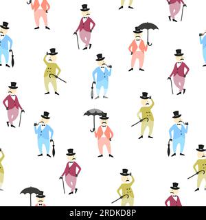 Seamless colorful pattern with funny victorian gentlemen. Kids background. Stock Vector