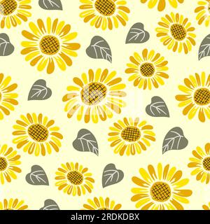 Sunflower hand drawn seamless vector pattern. Blooming flower ink pen ...