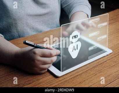 Woman use tablet with hologram AI chatbot interface. Command prompt AI concept. Artificial Intelligence. Futuristic technology transformation. Stock Photo