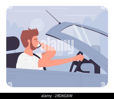 Bearded man driving and talking to phone. Driver in convertible car vector illustration Stock Vector
