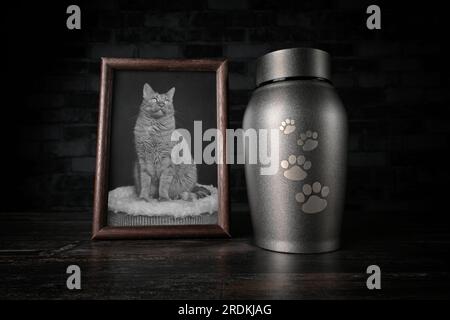 In remembrance of a pet. Decorative urn , next to a photograph of the pet. Stock Photo