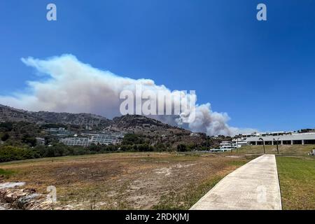 Smoke from Wildfire's looms over the holiday island of Rhodes as Wildfire's reignite due to strong winds views from Viglika Beach, Near Lindos, Greece, 22nd July 2023  (Photo by Mark Cosgrove/News Images) Stock Photo