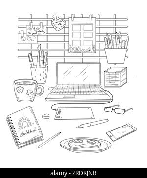 Doodle image of digital artist workplace.Table and wall organizer with computer, tablet, pencils.Vector black and white illustration in linear style Stock Vector