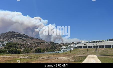 Smoke from Wildfire's looms over the holiday island of Rhodes as Wildfire's reignite due to strong winds views from Viglika Beach, Near Lindos, Greece, 22nd July 2023  (Photo by Mark Cosgrove/News Images) Stock Photo