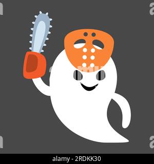 Cute white ghost with murderer costume . Halloween cartoon character . Flat design . Vector . Stock Vector
