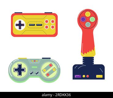 Cartoon flat style joysticks set. Video gaming equipment. Colorful gamepads. Digital play accessory, entertainment vintage tools. Retro modern devices for gamers. Vector gadgets isolated illustration Stock Vector