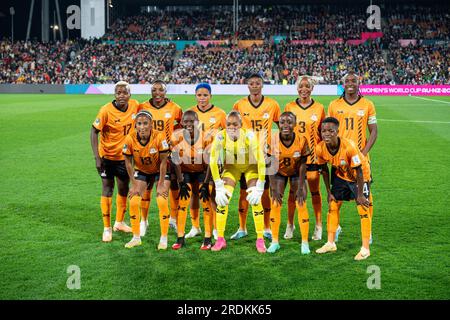 Hamilton, New Zealand. 22nd July, 2023. Starters of Zambia pose for photos prior to the group C match between Zambia and Japan at the FIFA Women's World Cup in Hamilton, New Zealand, July 22, 2023. Credit: Zhu Wei/Xinhua/Alamy Live News Stock Photo