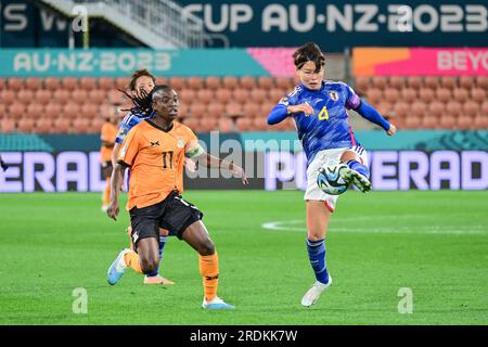 Hamilton, New Zealand. 22nd July, 2023. Kumagai Saki (R) of Japan vies with Barbra Banda of Zambia during their group C match at the FIFA Women's World Cup in Hamilton, New Zealand, July 22, 2023. Credit: Zhu Wei/Xinhua/Alamy Live News Stock Photo