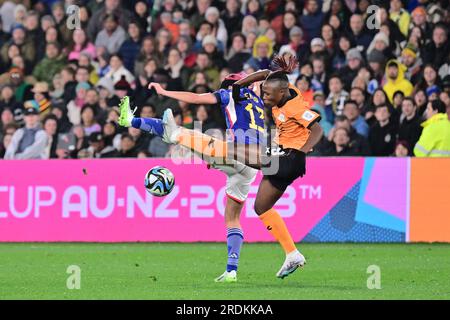 Hamilton, New Zealand. 22nd July, 2023. Endo Jun (L) of Japan vies with Siomala Mapepa of Zambia during their group C match at the FIFA Women's World Cup in Hamilton, New Zealand, July 22, 2023. Credit: Zhu Wei/Xinhua/Alamy Live News Stock Photo