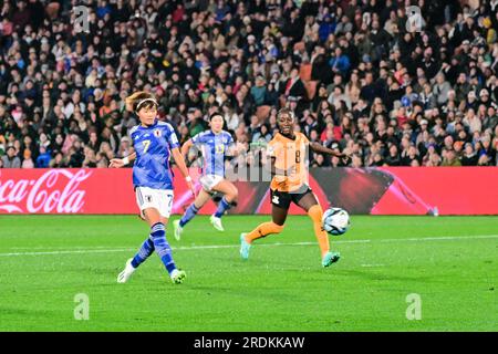 Hamilton, New Zealand. 22nd July, 2023. Miyazawa Hinata (L) of Japan scores during the group C match between Zambia and Japan at the FIFA Women's World Cup in Hamilton, New Zealand, July 22, 2023. Credit: Zhu Wei/Xinhua/Alamy Live News Stock Photo