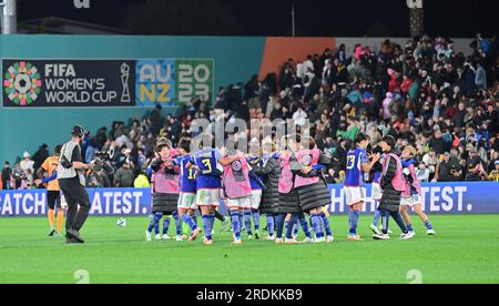 Hamilton, New Zealand. 22nd July, 2023. Members of Japan celebrate after the group C match between Zambia and Japan at the FIFA Women's World Cup in Hamilton, New Zealand, July 22, 2023. Credit: Zhu Wei/Xinhua/Alamy Live News Stock Photo