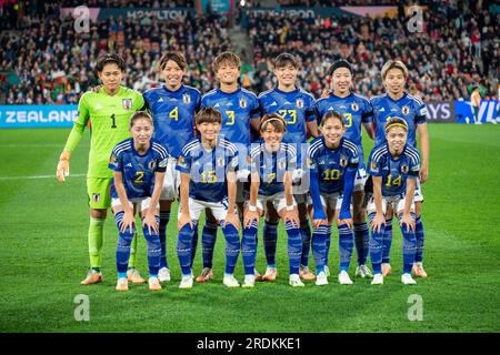 Hamilton, New Zealand. 22nd July, 2023. Starters of Japan pose for photos prior to the group C match between Zambia and Japan at the FIFA Women's World Cup in Hamilton, New Zealand, July 22, 2023. Credit: Zhu Wei/Xinhua/Alamy Live News Stock Photo