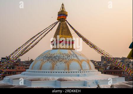 A landscape around Boudhanath, a stupa in Kathmandu, Nepal. Its massive mandala makes it one of the largest spherical stupas in Nepal and the world. Stock Photo