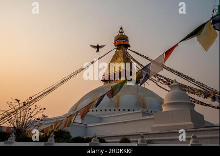 A landscape around Boudhanath, a stupa in Kathmandu, Nepal. Its massive mandala makes it one of the largest spherical stupas in Nepal and the world. Stock Photo