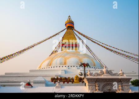 A landscape around Boudhanath, a stupa in Kathmandu, Nepal. Its massive mandala makes it one of the largest spherical stupas in Nepal and the world. Stock Photo