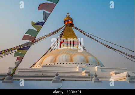 A landscape around Boudhanath, a stupa in Kathmandu, Nepal. Its massive mandala makes it one of the largest spherical stupas in Nepal and the world. Stock Photo