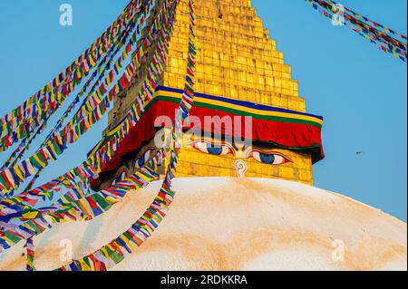 A landscape around Boudhanath, a stupa in Kathmandu, Nepal. Its massive mandala makes it one of the largest spherical stupas in Nepal and the world. Stock Photo