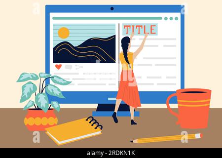 Copywriters work. Text title editing. Computer screen on table and tiny woman. Freelance web job. Bloggers content creation. Author article copywriting. Office workplace. Blog manage. Vector concept Stock Vector