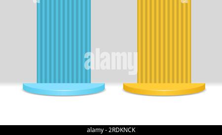 3d podium set in blue and yellow color. product display presentation. stage showcase. vector illustration Stock Vector