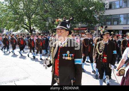 Munich, Germany. 22nd July, 2023. Mountain riflemen attend thanksgiving service for Duke of Bavaria's 90th birthday at St. Michael's Church. Credit: Michael Faulhaber/dpa/Alamy Live News Stock Photo