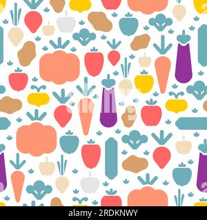 Vegetables pattern seamless. Vegetable set background. Eggplant and potatoes. Pumpkin and turnip. Radish and tomato. Garlic and carrot signs Stock Vector