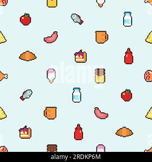 Food pixel art pattern seamless. pixelated food background. 8 bit texture Stock Vector