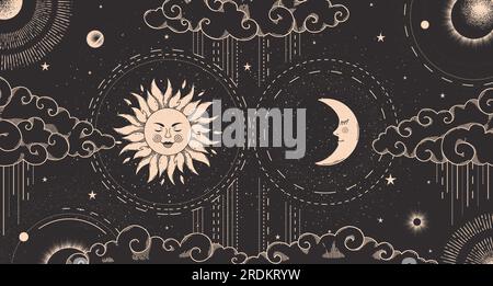 Sun boho logo, yoga icons. Sunset and moon celestial line elements, mystic zodiac eye, magic bohemian rainbow. Outline abstract elegant logotype collection. Bohemian golden minimal vector illustration Stock Vector
