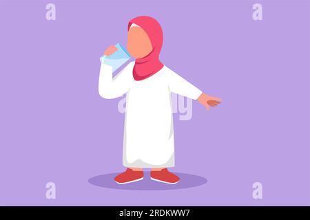 Cartoon flat style drawing beauty Arabian little girl standing while holding and enjoying glass of fresh milk to fulfill her body nutrition. Child hea Stock Photo