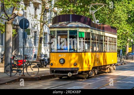 Old tram in a street of Milan, Lombardy, Italy Stock Photo
