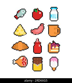 Food icon pixel art set. pixelated food sign. 8 bit Symbol for mobile application Stock Vector