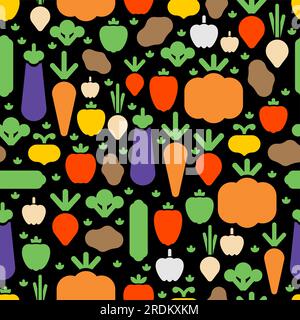 Vegetables pattern seamless. Vegetable set background. Eggplant and potatoes. Pumpkin and turnip. Radish and tomato. Garlic and carrot signs Stock Vector