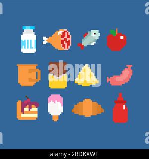 8 bit pixel art fast food and drinks vector icons of retro video game set.  Pixelated pizza, burger and sandwich, hamburger, coffee, hot dog, chicken  leg and cake, taco, donut, fries, soda